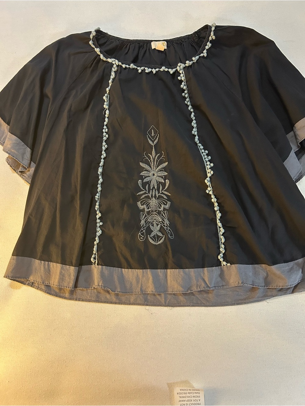 Ya Los Angeles Black Boutique Blouse with Gray Trim and Contrast Embroidery
